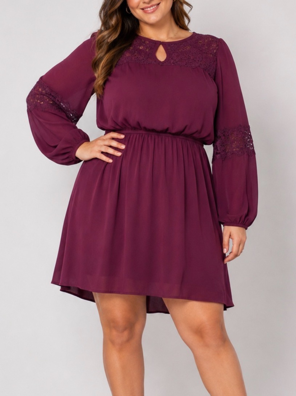 Lily Rose Lace Yoke Long Sleeve Dress in Deep Plum/burgundy lightweight SZ XL